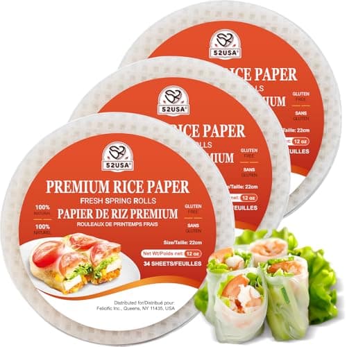 Papier de riz 52USA, paquet de 3, emballages en papier de riz, emballages et boulettes de rouleaux de printemps frais - 102 feuilles, emballages wonton sans gluten, végétaliens, faibles en glucides,...