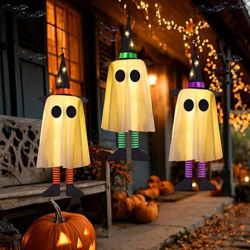 Moitié prix | HANLAYYDS Ensemble de 3 fantômes suspendus d'Halloween, décorations d'Halloween suspendues à un chapeau de sorcière lumineux et lumineux...