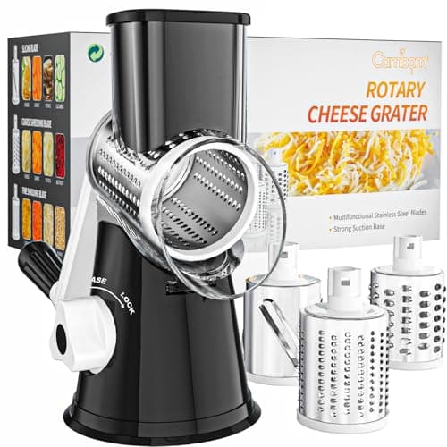 Cambom Rotary Cheese Grater Hand Crank Cheese Shredder for Fresh Cheese, Vegetable, Nuts,Non-Slip Suction Base, Free Cleaning Brush Three Blades,...