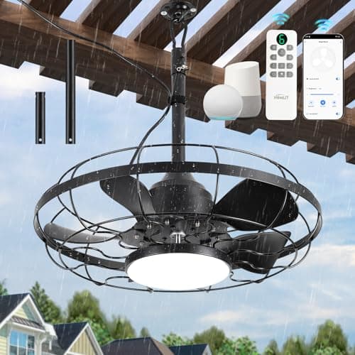 Homlit Outdoor Ceiling Fan with Light for Patios, 21" Garage Ceiling Fan Outdoor Hanging, IP65 Waterproof Plug in Ceiling Fan with Alexa/Google/App...
