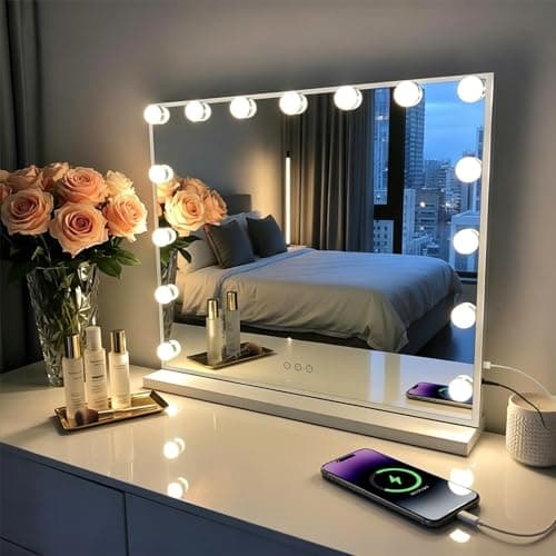 Miroir de courtoisie Hollywood avec lumières, grand miroir de maquillage éclairé de 23" x 18,1" avec 15 ampoules LED, 3 modes de couleur, contrôle tactile intelligent, 10X détachable...