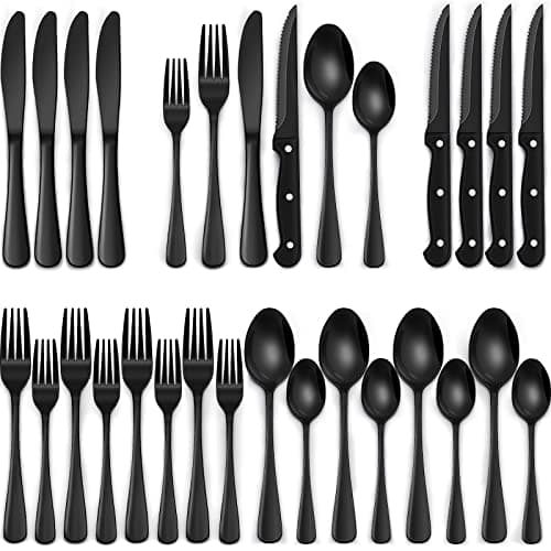 24-Piece Black Silverware Set with Steak Knives, Black Flatware Set for 4, Food-Grade Stainless Steel Tableware Cutlery Set, Mirror Finished...