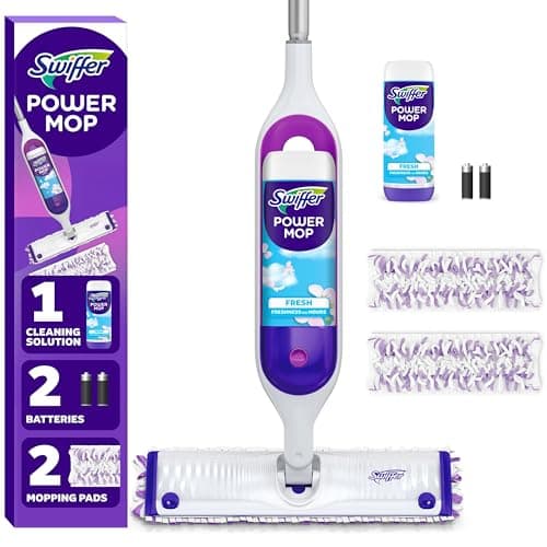Kit de vadrouille multi-surfaces Swiffer PowerMop pour le nettoyage des sols, parfum frais, le kit de vadrouille comprend PowerMop, 2 recharges de tampons de vadrouille, 1 nettoyage de sol...