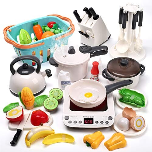 CUTE STONE 40PCS Jouets de cuisine pour faire semblant de jouer, ustensiles de cuisine jouets avec autocuiseur à pulvérisation, table de cuisson à induction électronique et ...