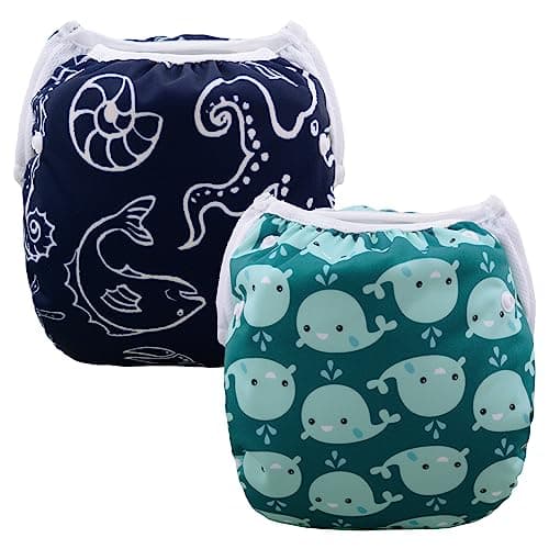 ALVABABY Swim Diapers 2pcs Baby Toddler Infant Snap One Size Reusable Adjustable Washable Baby Shower Gifts 0-2 Years Old Boys Swim Diaper SW18-21