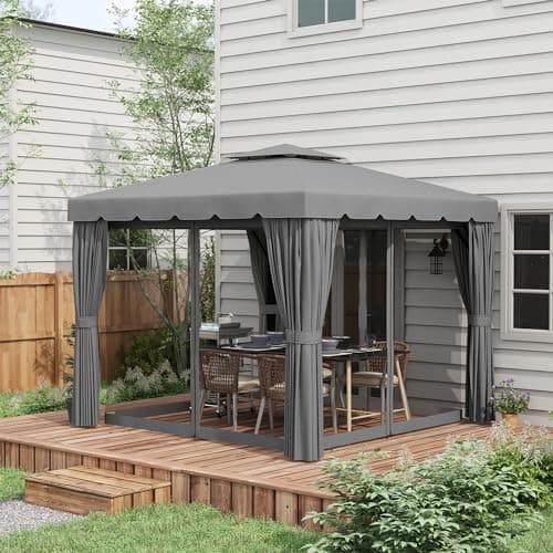 Outsunny 10' x 10' Outdoor Patio Gazebo, Double Roof Aluminum Frame Garden Gazebo Canopy Shelter Tent with Netting and Curtains for Lawn, Backyard,...