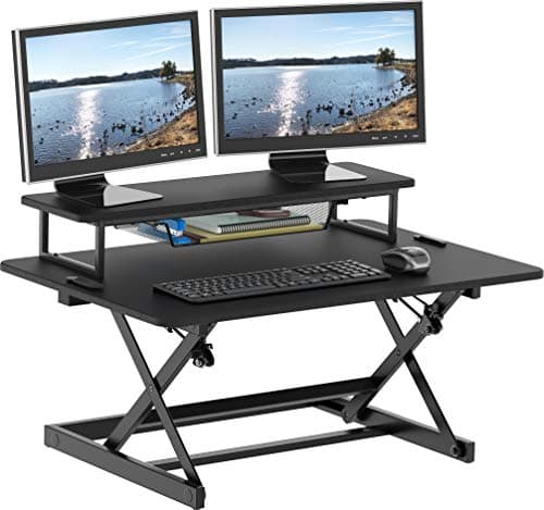 SHW 36-Inch Adjustable Height Sit-Stand Riser, Dual Handle Lift, and Stable X-Frame, 91 cm, Black