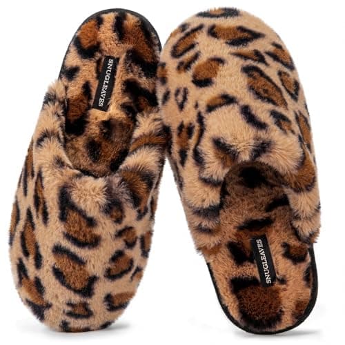 Snug Leaves Chaussons d'intérieur en mousse à mémoire de forme pour femme avec doublure en fausse fourrure et semelle en caoutchouc antidérapante (marron guépard, 7-8)