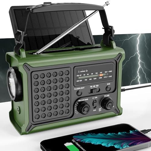 Emergency Weather Radio with Hand Crank & Solar Charging, AM/FM/NOAA Weather Alerts, 12000mAh Power Bank for Phone Charging, LED Flashlight,...