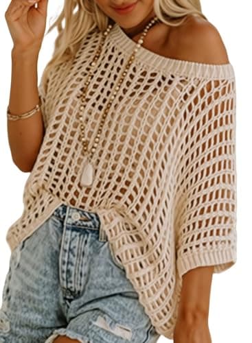 Dokotoo Womens Casual Spring Summer Crochet Hollow Out Sweaters Top 2026 Off Shoulder Pullover Shirt Short Sleeve Lightweight Knit Tops Swimwear...