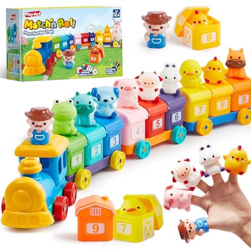 Jouet d'apprentissage pour les tout-petits de 1, 2 et 3 ans, train de ferme comprenant 9 animaux de la ferme et 1 fermier, jouets d'apprentissage Montessori assortis et triés, Noël...