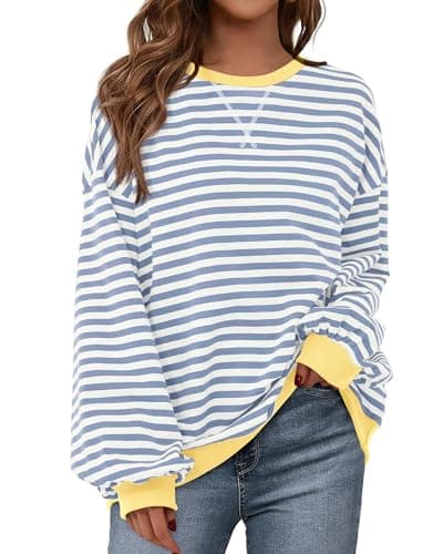 BTFBM Womens Striped Pullover Tops Spring Clothes 2026 Long Sleeve Shirts Trendy Crew Neck Loose Y2K Sweatshirts(Blue Beige White, Medium)