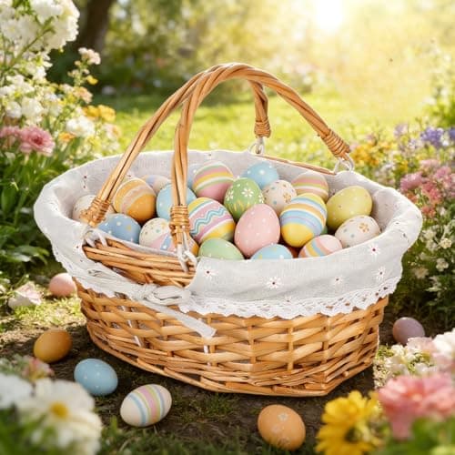 Ciieeo Wicker Easter Basket - Handmade Rattan Basket with Double Handles for Egg Hunt & Candy Gift - Woven Hampers for Picnic or Spring Decor