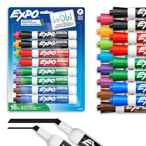 Expo Dry Erase Markers, Whiteboard Markers with Low Odour Ink, Chisel Tip, Assorted Colours, 16 Count