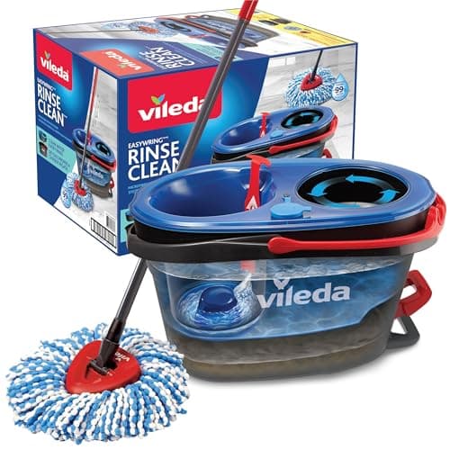 Vileda RinseClean Spin Mop et système de seau | 2 réservoirs séparés pour eau propre et sale | Tête de vadrouille en microfibre lavable en machine et réutilisable...