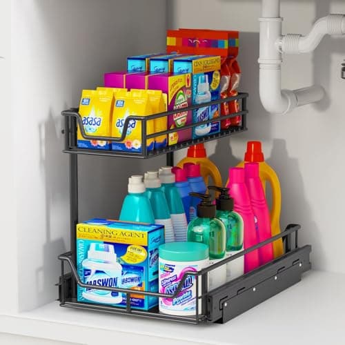Organisateur sous l'évier 1 paquet, charge de 27 kg, tiroir coulissant à glissement lisse et étagère coulissante à 2 niveaux - Rangement sous l'armoire pour cuisine et salle de bain,...