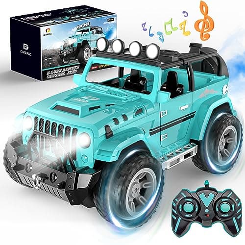 DEERC Jeep RC Car avec fonction de pulvérisation, voiture télécommandée avec brume de brouillard, camion tout-terrain 1:16 avec 2 batteries, lumières et son LED, plus de 50 minutes de lecture, 2,4 GHz tout...
