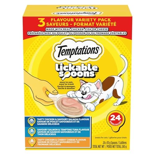Temptations Cuillères à lécher Friandises pour chats adultes Poulet et saumon, Saumon et thon, Saveurs de poulet et de fromage Pack varié, (24) cuillères de 10 g