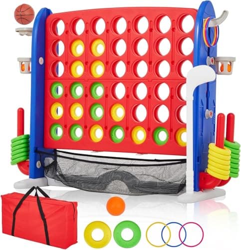 Jeu géant 4 en rangée, ensemble de jeu géant Jumbo 4 à marquer pour enfants et adultes, ensemble intérieur extérieur 4 en rangée avec poche en filet, mini basket-ball, golf,...
