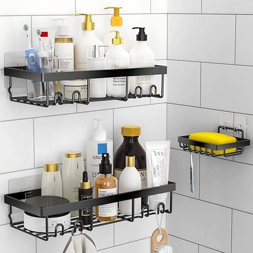 MOFOROCO 3-Pack Shower Caddy Basket Shelf with Soap Holder, No Drilling Traceless Adhesive Shower Wall Shelves, Rustproof Black Bathroom Shower...