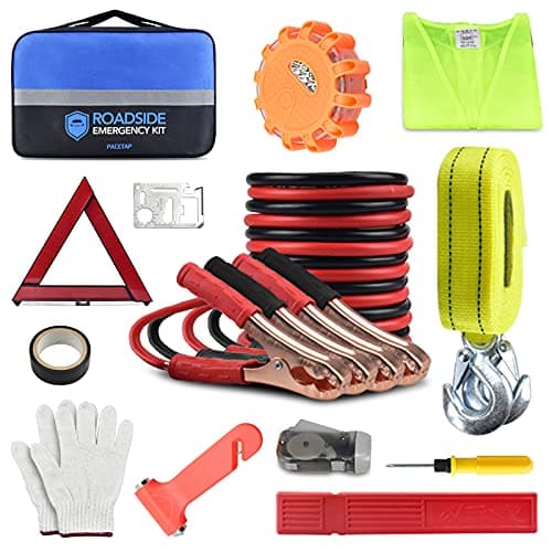 Kit d'urgence routière pour voiture PACETAP, kit d'outils d'assistance routière essentiel pour la sécurité automobile avec fusée éclairante à LED, câbles de démarrage, corde de remorquage, triangle...