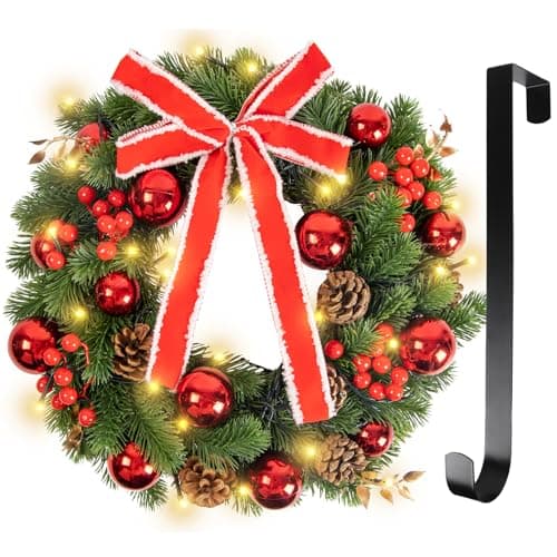 Fohil 16 Inch Christmas Wreath with 30 LED Lights, 8 Modes Pre-lit Christmas Wreath with Pine Cones, Red Berries, Metal Hanger, Battery Operated...