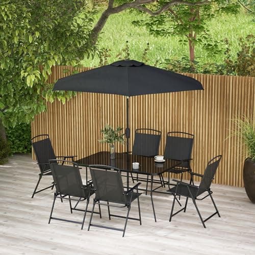 Outsunny 8 Piece Patio Dining Set for 6 with Umbrella, Outdoor Table and Chairs with 6 Folding Chairs with Mesh Seat and Rectangle Dining Table...
