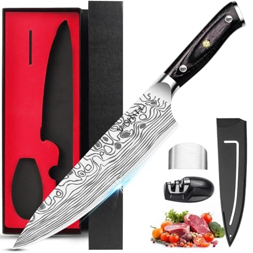 Couteau de chef professionnel super tranchant MOSFiATA de 8 pouces avec protège-doigts et aiguiseur de couteaux, teinture allemande à haute teneur en carbone...