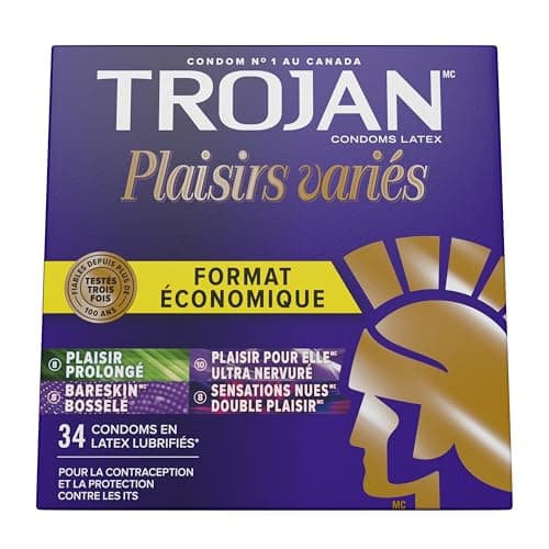 Trojan Pleasure Pack Assortiment de préservatifs en latex lubrifiés, 34 unités, assortiment de nos préservatifs les plus stimulants - Twisted Pleasure, Her Pleasure Ultra...