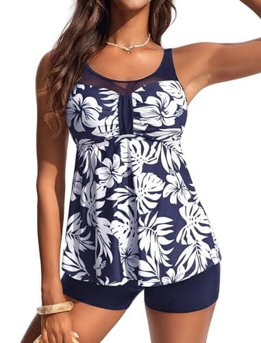 Hanna Nikole Women Flowy Swimwear Tankini Swimsuit Two Piece Mesh U Neck Bathing Suits Sporty White Leaves Swimsuit XX-Large