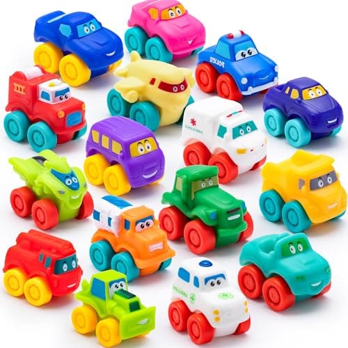 JOYIN Voitures de dessin animé, ensemble de voiture jouet en caoutchouc souple, mini véhicules jouets, voiture jouet de bain pour les tout-petits, cadeau d'anniversaire pour garçons et filles