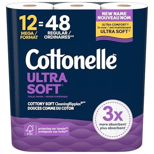 Papier toilette Cottonelle, 12 méga rouleaux = 48 rouleaux réguliers, ultra confort, papier hygiénique doux, 244 feuilles par rouleau, l'emballage peut varier