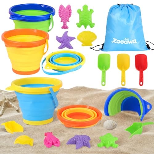 Zooawa Ensemble de jouets de plage pour enfants, 10 pièces de bac à sable avec seau à sable pliable, siège de pelle et jouets de plage, jouets de voyage en plein air pour enfants...