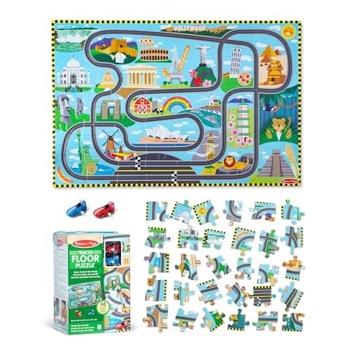 Melissa & Doug Race Around the World Tracks Puzzle de sol en carton et véhicules à remontage (48 pièces) pour les enfants d'âge préscolaire et les enfants de 4 ans et plus - FSC...