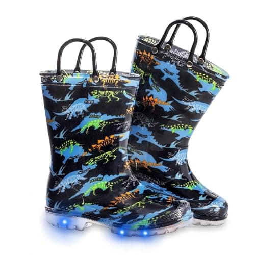 Toddler Kids Rain Boots Boys Girls Light Up Waterproof Boot with Handles, Toddler Size 6, Dinosaur