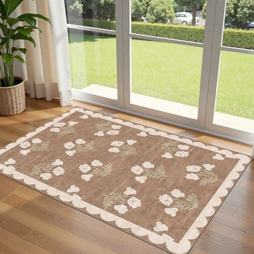 Othilic 3x5 Floral Entry Rug - Small Washable Indoor Outdoor Mats for Front Door Non-Slip Porch Rug Tan Boho Neutral Farmhouse Throw Rugs for...