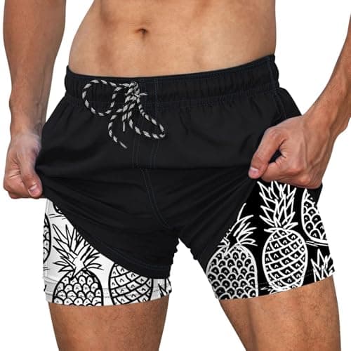 Cozople Men Swim Shorts with Compression Liner Quick Dry Swim Trunks 2 in 1 Strech Bathing Suit Beach Shorts,Black Pineapple,Large