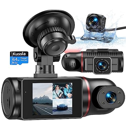 Caméra intérieure avant et arrière Kussla Dash Cam, Dashcams 1080P 3 canaux pour voitures avec carte 64 Go, Super Vision Nocturne Da...