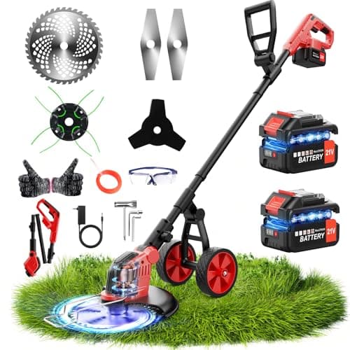 20000 RPM Electric Weed Wacker with Wheel,12″ Brushless Cordless Weed Eater Battery Powered, 4-in-1 Brush Cutter/String Trimmer/Grass Edger/Lawn...