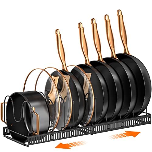 MUDEELA Pots and Pans Organizer Rack for Under Cabinet, Expandable 11.71''-22.85'' Pot Lid Kitchen Cabinet Organizer Holder with 10 Adjustable...