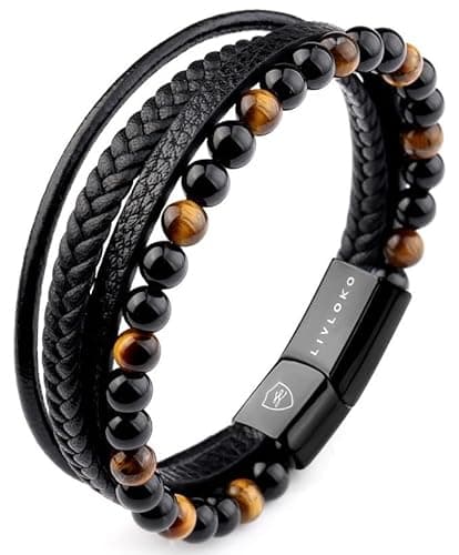LIVLOKO LONDON Bracelet pour homme en cuir noir œil de tigre perlé coffret cadeau bijoux pierres empilées fermoir magnétique réglable en acier bandes de corde Surfer Man...