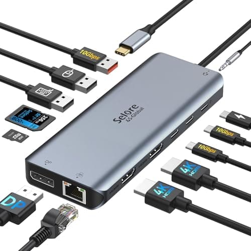 Station d'accueil pour ordinateur portable double moniteur, adaptateur multiport Selore 13-en-1 USB C Hub avec 2 HDMI, DisplayPort, Ethernet, 100 W PD, port USB-C/A, SD/TF...