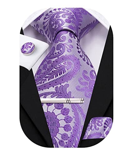 Hi-Tie Ensemble de cravates pour hommes avec boutons de manchette carrés de poche Cravates en soie pour hommes Ensemble de pinces à cravate argentées Cravate de bal de mariage formelle, Paisley violet