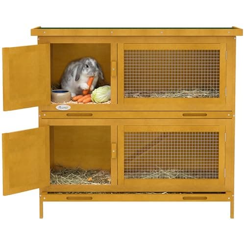 PawHut Rabbit Hutch, Wooden 2 Tier Bunny Guinea Pig Cage with Openable Top, Slide-Out Tray, Ramp, Asphalt Roof, for 2 Rabbits Outdoor Backyard Use,...