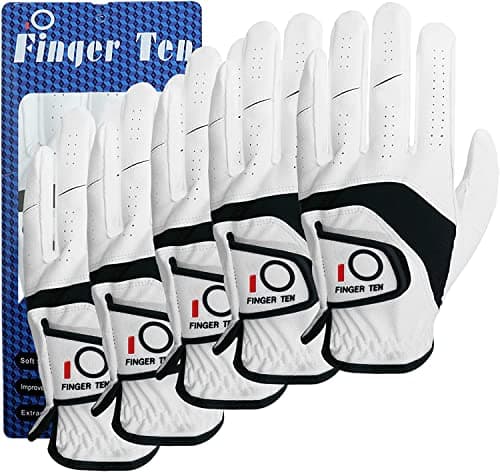 FINGER TEN Men’s Golf Gloves 5 PCS Left Hand Right Handed PU Leather All Weather Grip Soft Breathable Flexible for Golfers Size Small Medium ML...