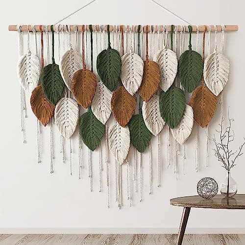 KHOYIME Grande tapisserie tissée bohème à suspendre au mur en macramé, décoration d'intérieur chic, décoration murale moderne bohème en plumes de feuilles faites à la main pour appartement...