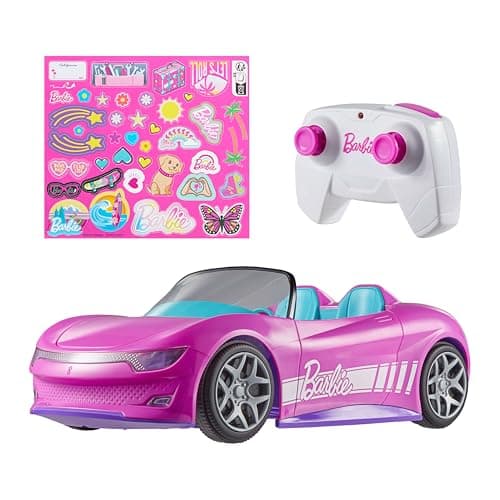 Voiture jouet Barbie RC Hot Wheels, cabriolet rose télécommandé, peut contenir 2 poupées mode Barbie et le coffre s'ouvre pour le rangement, feuille d'autocollants pour...