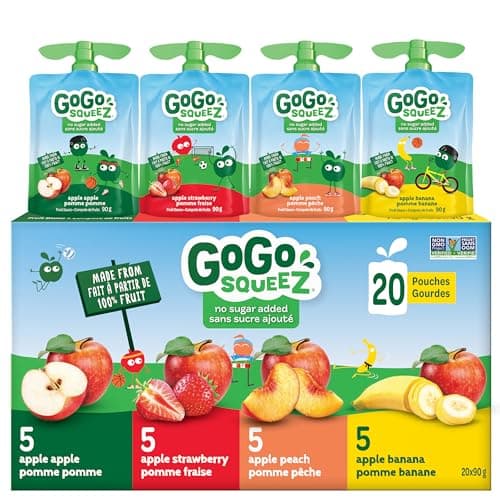 Pack varié de sauces aux fruits GoGo squeeZ, pomme, fraise, pêche, banane, sans sucre ajouté. 90 g par sachet, paquet de 20
