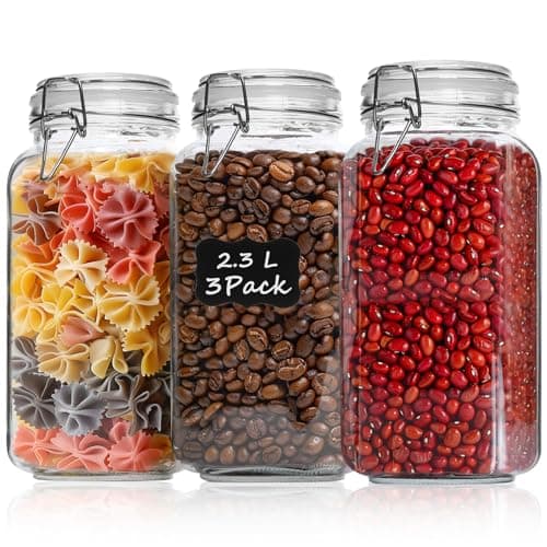 ComSaf Glass Food Storage Jar with Airtight Lid 2.3L/78OZ Set of 3, Storage Canister Container Square with Clear Preserving Seal Clip Fastening for...