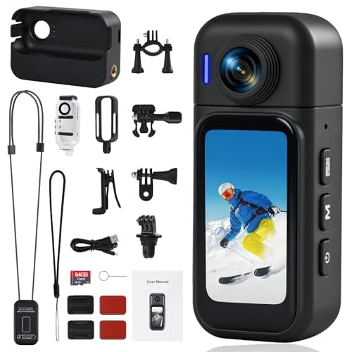 Caméra d'action avec écran tactile, batterie de 8 heures et étanchéité 30M - Grand angle 120°, WiFi, caméra corporelle portable POV 64 Go, étui de chargement, magnétique...